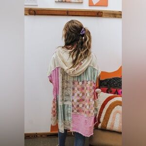 Blue Velvet Patchwork Hooded Short Sleeve Jacket in Pink and Cream mix size m/l